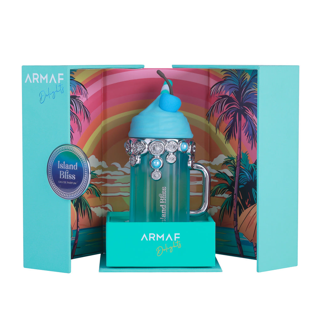 Armaf Delights Island Bliss: For women, 	•	The base tempers the sweetness with warm vanilla, creamy tonka bean, and a skin-friendly musk. This gives the perfume a cosy, comforting, tropical sunset feel.  ￼