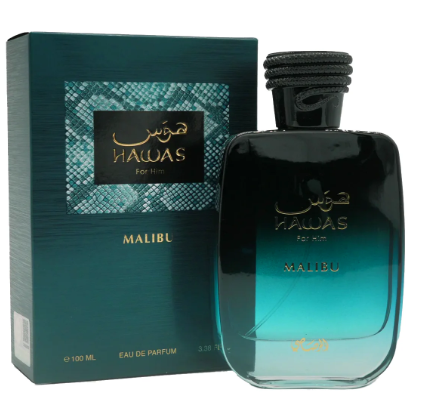 HAWAS RASASI MALIBU   Unisex — made for both men and women,Tropical & aromatic with a fresh fruity-citrus opening, mellow florals in the heart, and a warm, woody/amber base. Feels “summery,” breezy, sunny.